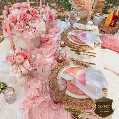 1/4pcs Cheese Cloth Table Runner, Coral Pink, 35*118 Inch, Minimalist Farmhouse Table Flags, Suitable For Bridal Shower, Wedding, Party, Engagement Boho Decor