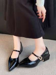 法式尖头玛丽珍黑色高跟鞋，舒适方头系带装饰，2025 年春夏新品，百搭粗跟正装高跟鞋 - 黑色 - 查看 9