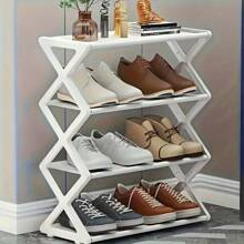 1pc Space-Saving Stackable & Foldable Plastic Shoe Rack, 4-Tier, For Entryway, Hallway, Bedroom And Dorm, Black X Design, No Assembly Required