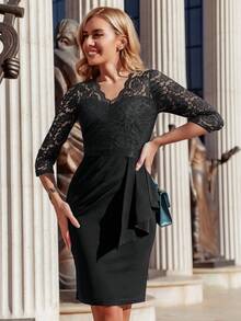 MIUSOL Floral Lace V-Neck Side Ruffle 3/4 Sleeve Slim Fit Business Pencil Skirt - Black - View 5