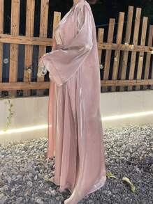 2 piezas Vestido de noche árabe de lujo de organza sólido y glamuroso, adecuado para el Festival del Eid, boda, fiesta formal, graduación, vestido abaya modesto