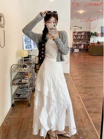 不对称白色高腰不对称 A 字裙，修身时尚设计，侧开衩，夏季度假裙