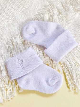 1双婴儿男孩女孩白色洗礼袜，带十字绣洗礼圣餐翻袖口幼儿袜，第一次圣餐礼物，特殊场合婴儿活动