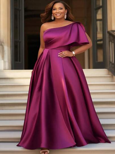 Plus Size Formal Purple Elegant Oblique Collar Satin Maxi Dresses