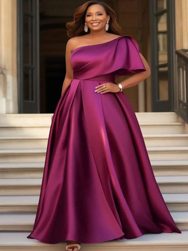 Plus Size Formal Purple Elegant Oblique Collar Satin Maxi Dresses