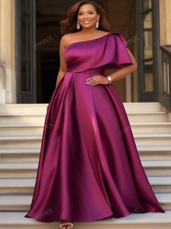 Rochii maxi din satin, elegante, violet, cu guler oblic, mărimi mari