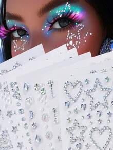 7pcs Shiny Aurora Diamond Stickers, Hollow Heart, Star, Various Shapes 3D Crystal Stickers, Shiny Heart Adhesive Face Decorations, Silver White Stage Makeup Stickers, Glitter Eye Makeup Decorations - Multicolor - View 2