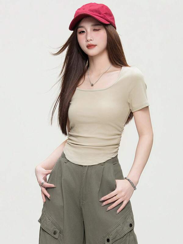 New Brand Solid Color Fashion Versatile Square Neck Short Sleeve Top