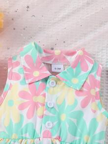 2 Pieces Of Baby Girl's Summer New Floral Print Flip Collar Cardigan Sleeveless Jumpsuit&Beach Sun Hat Set - 綠色 - 查看 3