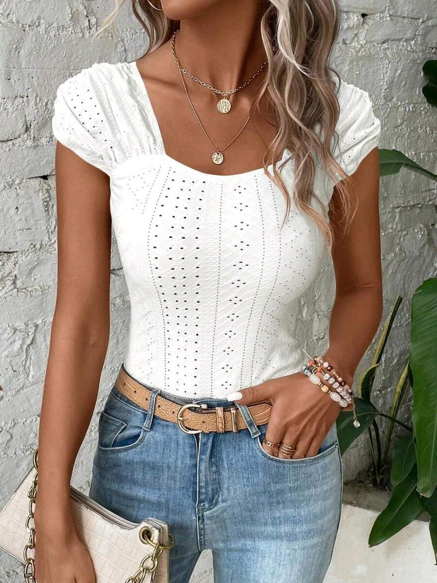 Womens Square Neck Tank Top Eyelet Cap Sleeve Slim Fit Backless Tee Going Out Summer Tops - 白色 - 查看 1
