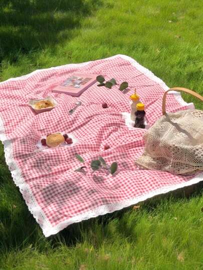 1pc Charming Pink & White Plaid Rectangular Picnic Blanket - Suitable For Valentine's Day, Easter, Woven Rayon Tablecloth With Lace Trim, Ideal For Winter Camping, Beach Outings, Photography Backdrop, Picnic Accessory