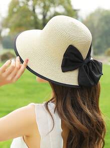 Chapeau de paille pour femmes, grand bord pliable avec nœud papillon, ouverture sur le dessus pour queue de cheval, style unique et chic, mode coréenne pour l'été