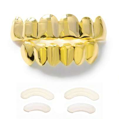 Juego de Grillz de dientes de oro - Grillz superiores e inferiores para hombres, incluye 6 piezas de dientes falsos de oro, moldes y paño de limpieza | Accesorios de estilo hip hop, Grillz de dientes brillantes, decoraciones para fiestas (juego de regalo)