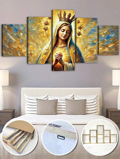 1/5pcs Wall Art With Frame, Virgin Mary Wall Art,Religion Posters Paintings,Catholic Wall Decor,Living Room Christian Pictures Modern Artwork Home Decorations Ready To Hang