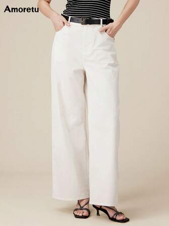 Amoretu Women's Cotton Loose Wide Leg Straight Leg Basic Casual Pants