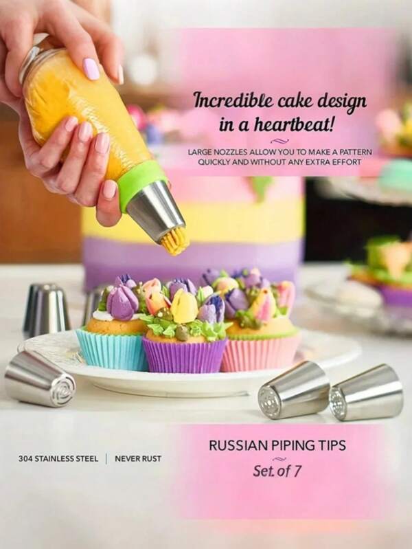 7 Stücke Edelstahl Russische Spritztüllen Set - Blumenförmige Verzierungstüllen, Mehrzweck für Backwerk, Cupcakes, Kuchen, Kekse Dekorieren (Weihnachten, Halloween, Ostern)