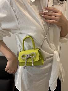 1pc Plain Color PU Rhinestone Decor Flap Front Handbag Tote Bag, Cute Style For Women - Green - View 6