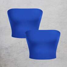 Kit 2 Basic Tube Cropped Top For Women, Strapless, Double Fabric, Without Pads - Rượu và Xanh - Xem 3