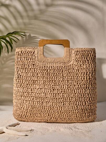 Tropiscape Bolso de paja de estilo bohemio para salir en verano, bolso de playa de paja tejido a mano de gran capacidad, bolso de mano de paja vintage para mujer, bolso de verano tejido, bolso de playa de paja minimalista para Navidad, Otoño, Invierno y regalos de Navidad