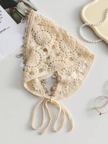 1 pieza Bandana de encaje floral de ganchillo beige estilo bohemio con borlas de conchas marinas, diadema de punto hueco bohemio para vacaciones en la playa - Beis - Ver 3