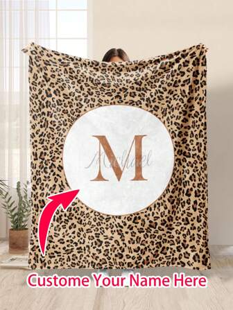 1pc Personalized Leopard Print Fleece Blanket, Custom Name Gift For Mom/Dad, Friends & Couples Birthday Gift, Breathable, Lightweight, Washable, Cute, Love, Warm, Cozy, Soft, Comfortable, Simple, Custom, Personalized, Unique, Him, Her, Boyfriend, Girlfriend, Dad, Mom, Family, Friends, For Anniversaries, For Birthdays, For Housewarming, Bed, Car, Bedroom, Tea Room, Living Room, Sofa,Fall Decor