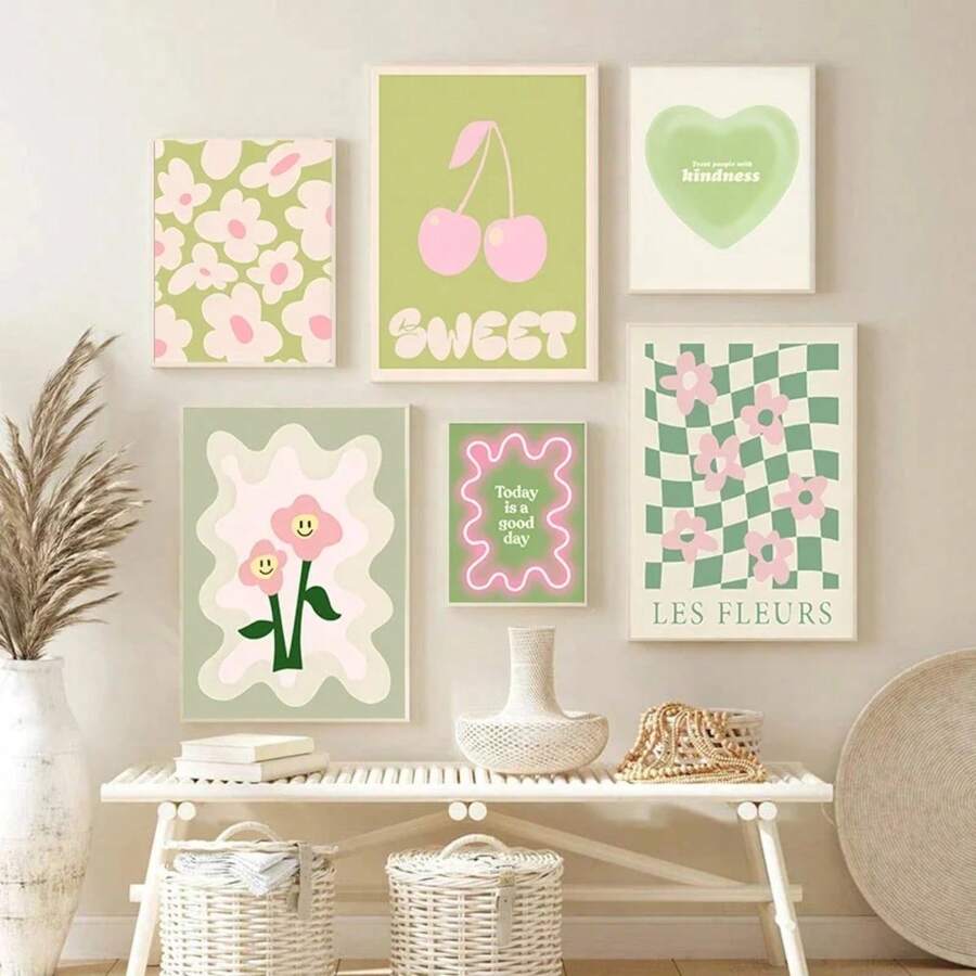 1 Stück Geschenk Moderne Boho Grüne Herz Mode Wandkunst Bunte Kirschblüten Rosa Grün Leinwandmalerei Blumenmarkt Gemütliches Wohnzimmer Galerie Poster Optionaler Rahmen, Wandkunst mit Rahmen Küchendekoration - Verschiedenfarbig - Übersicht 1