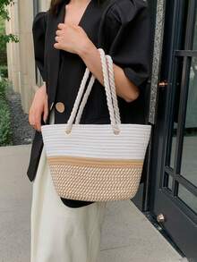 BAILEE 1 Peça Bolsa de Praia Estilo Minimalista Casual de Férias, Design Colorblock Feito à Mão com Corda, Design de Abertura Superior, Bolsa de Praia Feminina, Adequada para Férias, Viagens, Looks da Moda e Compras com Amigos - Caqui - Visão 6