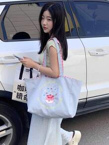 2024新款清新撞色两用单肩包大容量托特包休闲刺绣帆布包大学生背包 - 淺藍色 - 查看 3