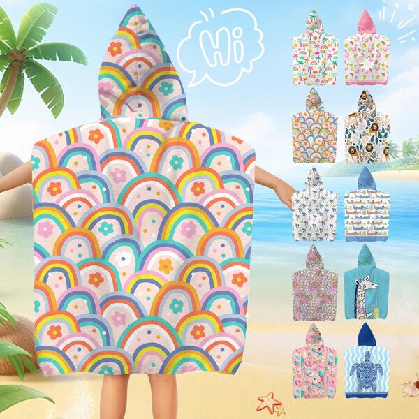 1 pieza Toalla con capucha para niños, poncho de playa de fibra ultra suave, absorbente y resistente al viento con estampados de dibujos animados lindos como flamenco, rosquilla, floral y tortuga marina, para volver al colegio