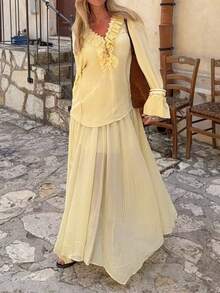 HZXVIC 女士新款高腰宽松优雅春裙 - 黃色 - 查看 9