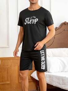 2pcs/Set Men's Thin Summer Casual Sleepwear Set - Black Letter Graphic Short Sleeve Crew Neck Top & Shorts, Minimalist & Comfortable