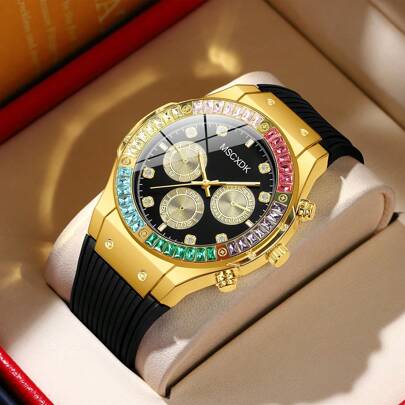 MSCXDK MSCXDK Top Brand Men's Watch, Silicone Strap, Crystal Decorated Dial, Casual Military Sport Wrist Watch, Men's Clock (No Box)