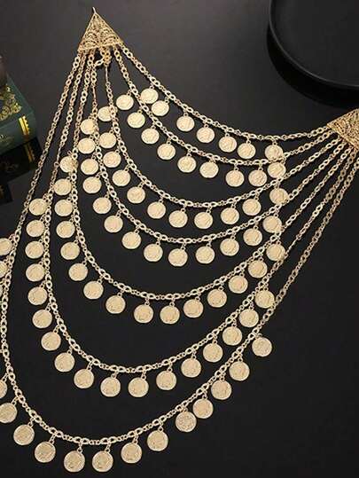 1pc Moroccan Style Women Gold Plated Body Chain, Performer Costume, Bride Wedding Shoulder Chain With Turkish Coin Tassel Design, Luxury Vintage Style Valentine's Day Accessories