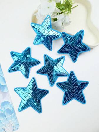 6pcs Sky Blue Sequin Five-Pointed Star Pattern Cloth Patches, Cartoon Style Embroidery Sewing Applique Stickers, DIY Craft, Suitable For Clothing, Shoes, Hats, Bags, Etc.
