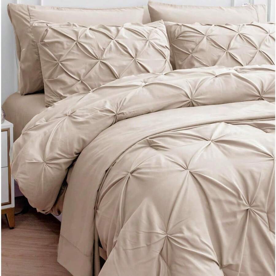 Twin Comforter Set, 5 Piece Bedding Set, Pintuck Bed In A Bag, Bed Set With Sheets, Pillowcase & Sham, Bedding Comforter Sets - White - Beige - View 1