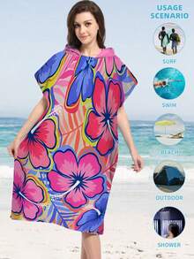 1pc Colorful Floral Print Wearable Hooded Poncho - Ultra Soft Microfiber Beach Pattern, Suitable As Gift For Men, Women, Couples - Beach & Home Decor, Couples Robe | Microfiber Bathrobe, Suitable For All Occasions - Multicolor - View 12