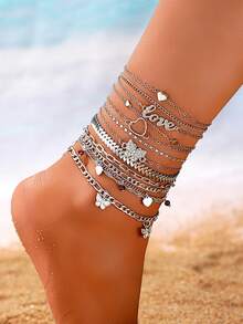 13 Pcs/Set Boho Style Love, Heart, Butterfly, Rhinestone, Airplane Charm Chain Anklet Set, Suitable For Women As Summer Beach/Party/Date/Daily Wear Gift - Silver - View 6