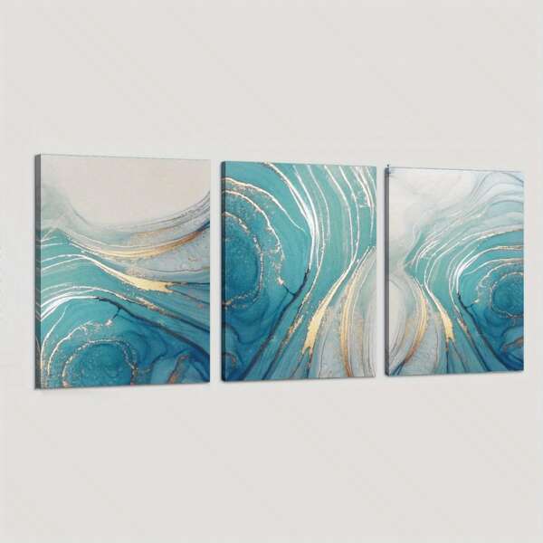 3 pezzi Stampe su tela senza cornice, Arte astratta fluida dorata sulla spiaggia di lusso, arte astratta blu e oro, stile minimalista moderno a motivo di marmo, adatto per la decorazione della parete domestica