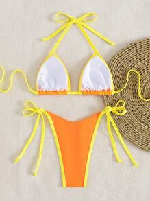 Women's Contrast Color Sexy Bandeau Bikini Set, Vacation Beach Swimsuit