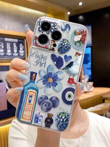 Blue Phone Case 1pc Transparent Blue Perforated Sturdy Painted Phone Case Protective Cover Compatible With IPhone 16/11/16pro/16plus/16promax/16e/15Promax