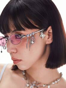 1pc Oval Shaped Metal Fashion Glasses, Luxurious Rhinestone Inlaid Butterfly Heart Star Pendant, Y2K Personalized Versatile Street Photography Women's Fashion Glasses - Multicolor - View 6