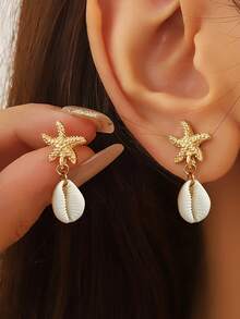 1 对女士夏季度假海洋风格时尚耳环，波西米亚简约几何海星和贝壳吊坠耳环，日常佩戴珠宝 - Golden - 查看 1