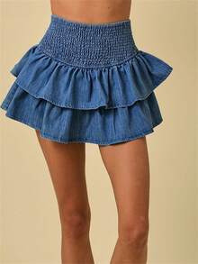 Women's Tiered Ruffled Denim Skirt Solid Color High Rise Mini A Line Jean Skirt Streetwear - 藍色 - 查看 3