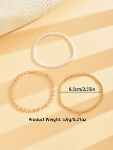 3pcs Bohemian Style ABS Faux Pearl Plastic Beaded Elastic Rope Anklet, Versatile Multi-Color Beach Vacation Retro Anklet Set, Summer Anklet - Gold - View 3