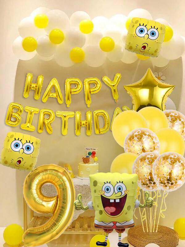 SPONGEBOB Fournitures pour fête d'anniversaire de l'animation Spongebob, décorations de fête thématique Sponge Bob incluant une bannière d'anniversaire, un ballon en aluminium, des ballons (1-9 pièces)