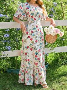 女士休闲花卉印花优雅长裙，适合春夏季度假和花园穿着 - 彩色 - 查看 1