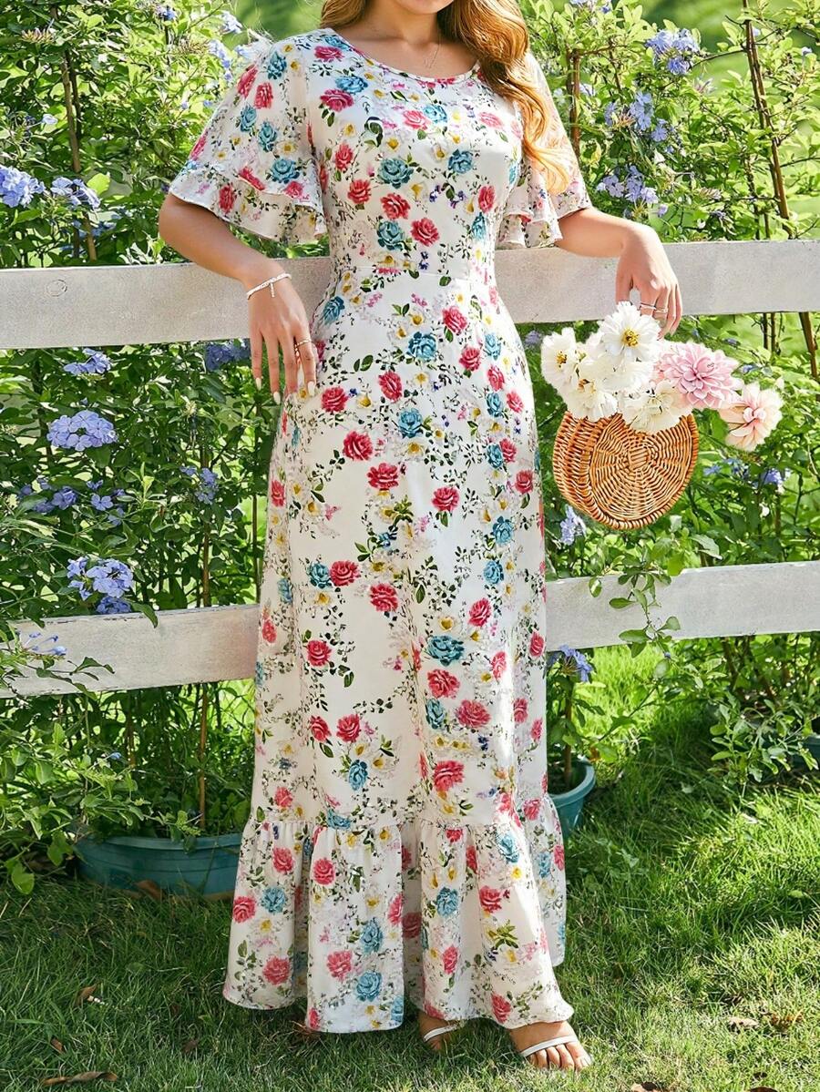 女士休闲花卉印花优雅长裙，适合春夏季度假和花园穿着 - 彩色 - 查看 1