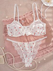 1 套女士纯色心形印花蕾丝前开合薄杯无钢圈舒适内衣套装 - 白色 - 查看 4
