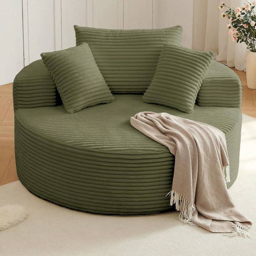 LUCKHAO Oversized Round Chair Lounge Chaise Indoor, Upholstered Corduroy Deep Seat Cloud Large Circle Sofa Chair, No Assembly Required, Fluffy Modern Sleeper Sofa Bed For Reading, Living Room, Bedroom - màu xanh lá - Xem 1