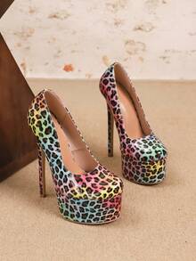 Fall/Winter Women's High Heel Fashion Pumps, Round Toe Shallow Leopard Print Colorful Round Toe 16cm Sexy Thin Super High Heel Nightclub Shoes,Party - Color - View 5